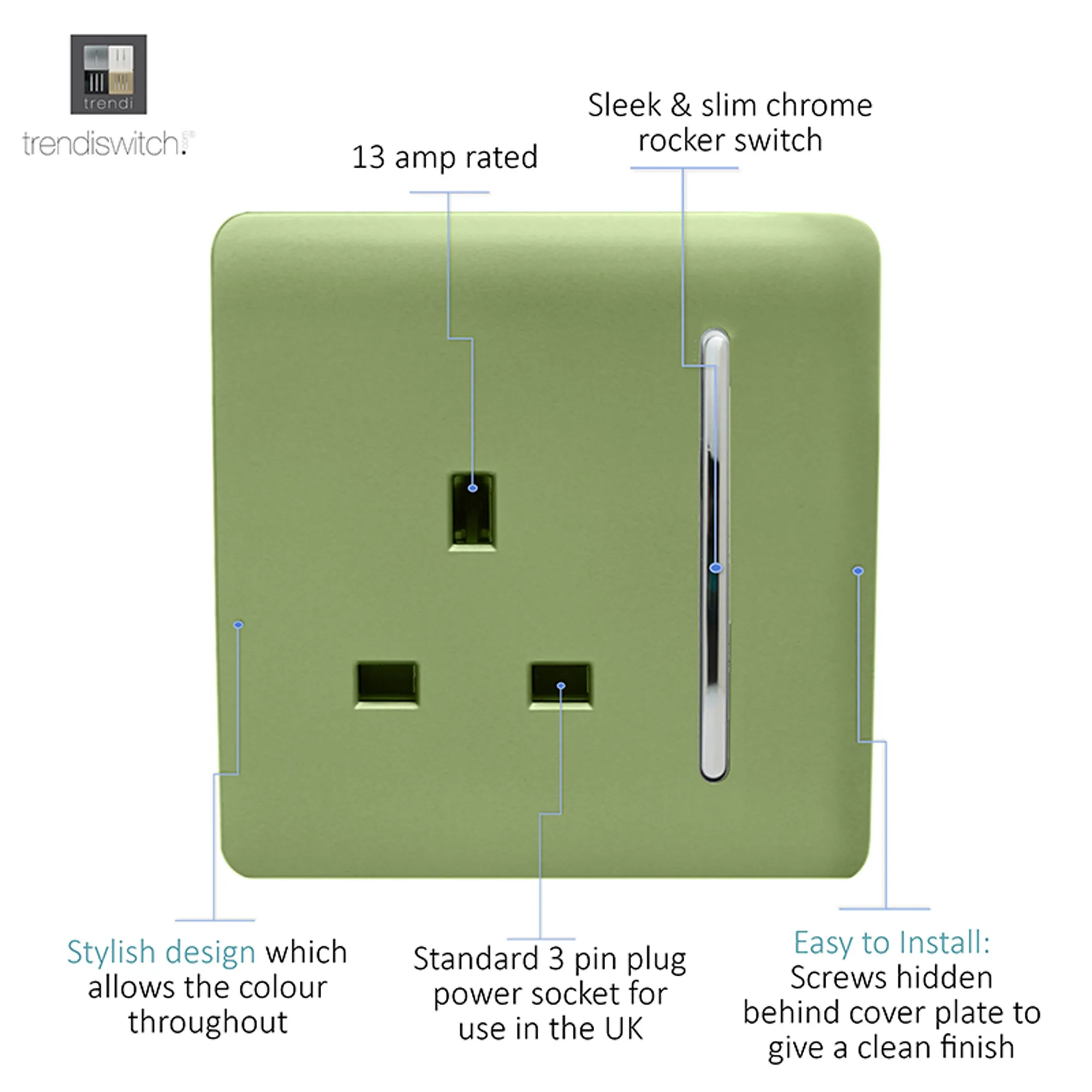 1 Gang 13Amp Switched Single Socket Moss Green ART-SKT13MG  Trendi Moss Green